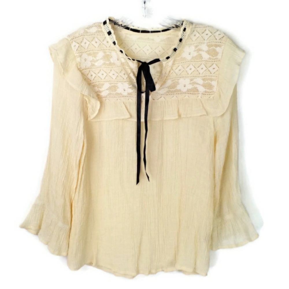 E M Cream Ruffled Semi-Sheer 3/4 Sleeve Tie Front Lace Inset Blouse Women L NWOT